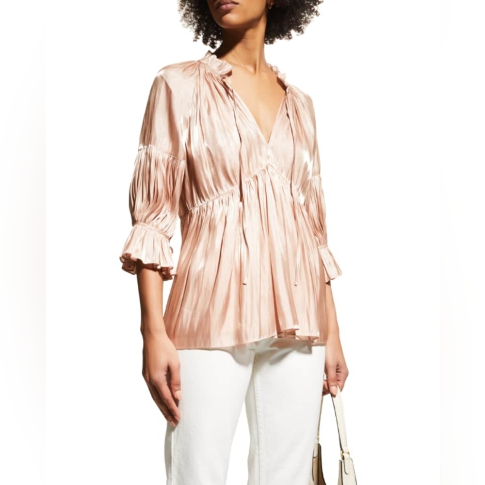 Cinq à Sept Phyllis Satin Pleated Blouse Champagne Small NWOT